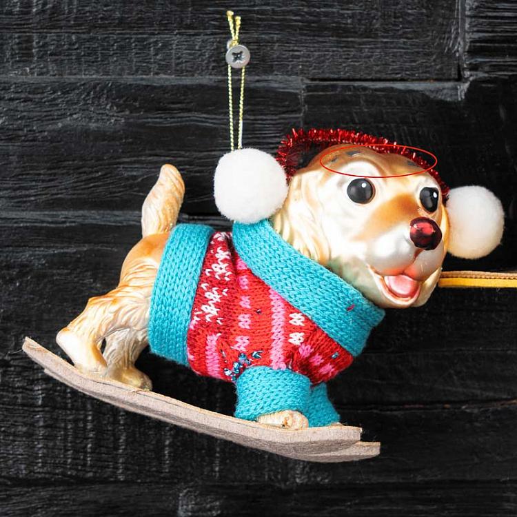 Набор из двух ёлочных игрушек Собачки на сноубордах дисконт1 Set Of 2 Glass Snowboard Dogs Brown/Red 15 cm discount1