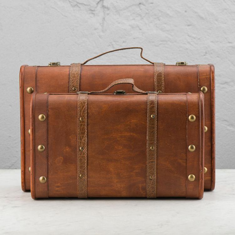 Набор из двух декоративных чемоданов из экокожи Set Of 2 Wood Suitcase Boxes Brown