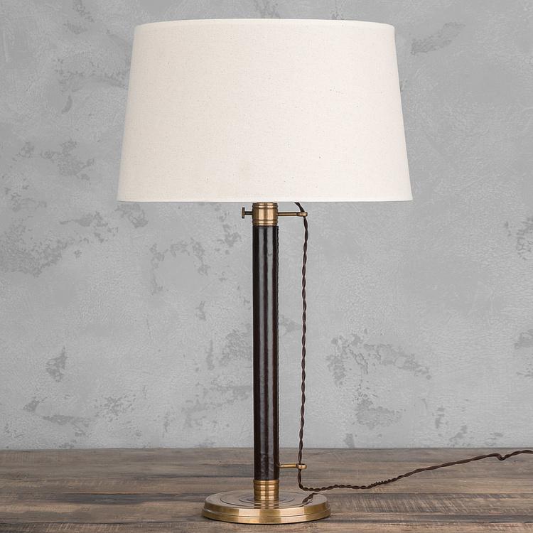 Настольная лампа с бежевым льняным абажуром Лонгфорд Table Lamp Stand Leather And Copper With Shade Beige Linen