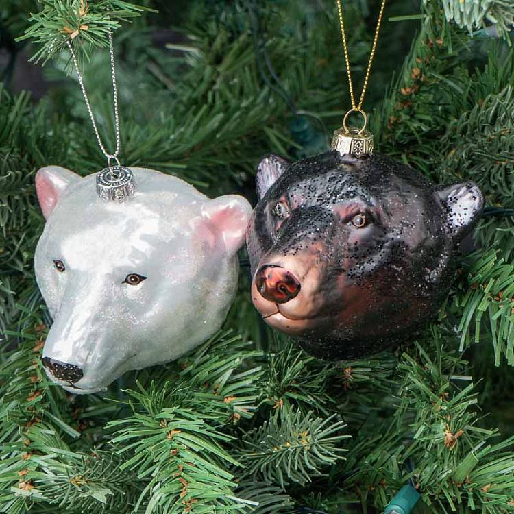 Набор из двух ёлочных игрушек Бурый и полярный медведи Set Of 2 Glass Bear Heads Black/White 10 cm