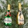 Набор из 2-х ёлочных игрушек Set Of 2 Glass Champagne Bottles Gold Green 14 cm