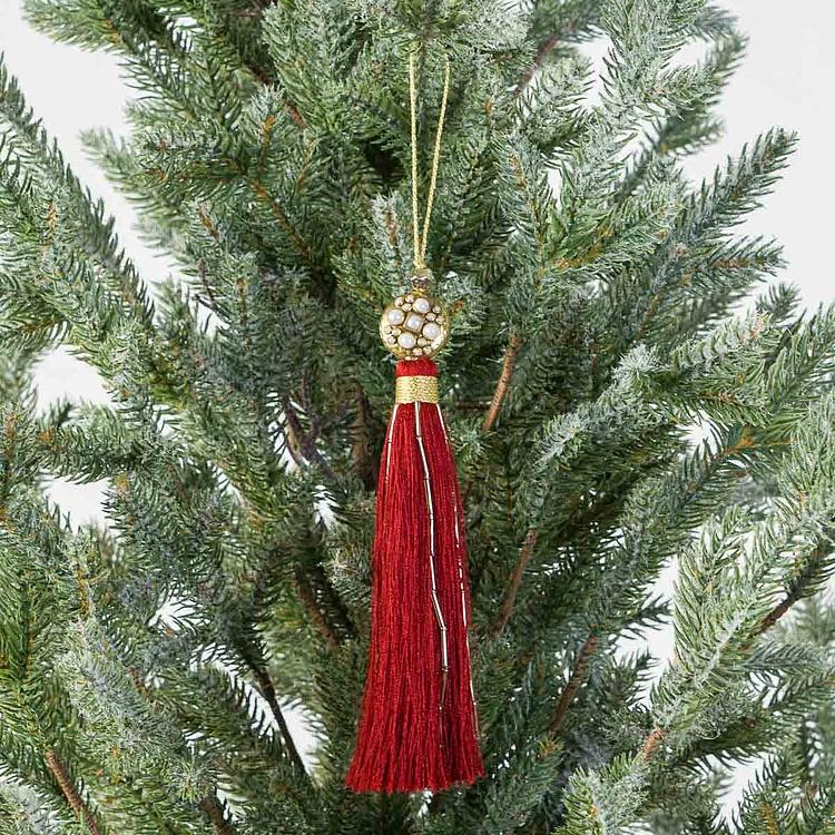 Новогодняя подвеска Красная кисточка с жемчужинами Pearl Pendant With Red Tassel 17 cm
