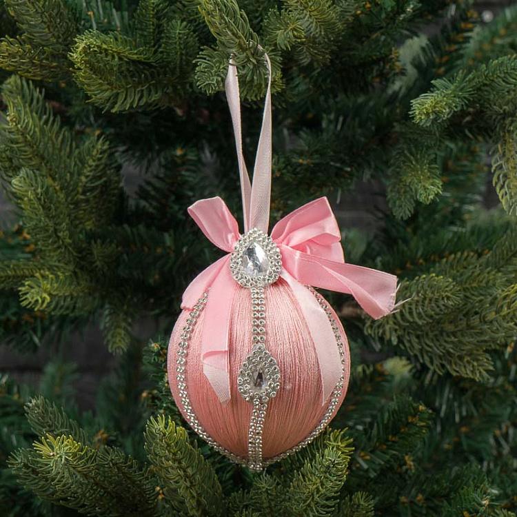 Светло-розовый ёлочный шар с серебряным орнаментом и бантом Silver Pattern And Bow Ball Light Pink 10 cm