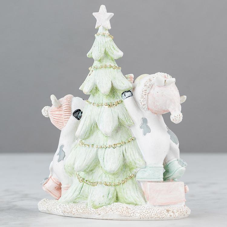 Новогодняя фигурка с подсветкой Бычки и ёлочка Calves With Christmas Tree 14 cm
