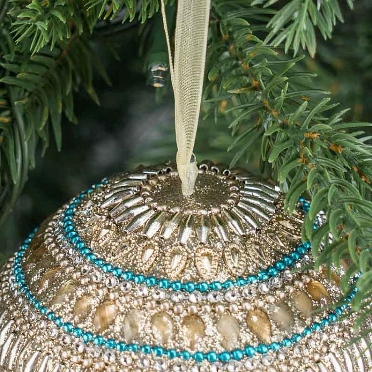 Ёлочная игрушка Золотисто-голубой шар с орнаментом из бисера Beads Ornament Ball Gold Blue 9 cm