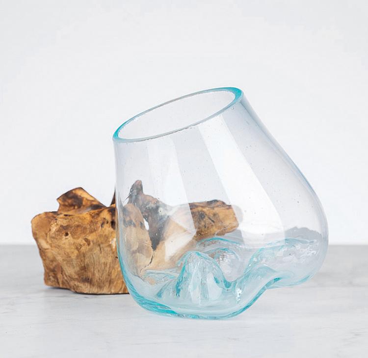 Стеклянная ваза на основании из корней тика Vase Ovale En Verre Sur Support En Racine De Teck