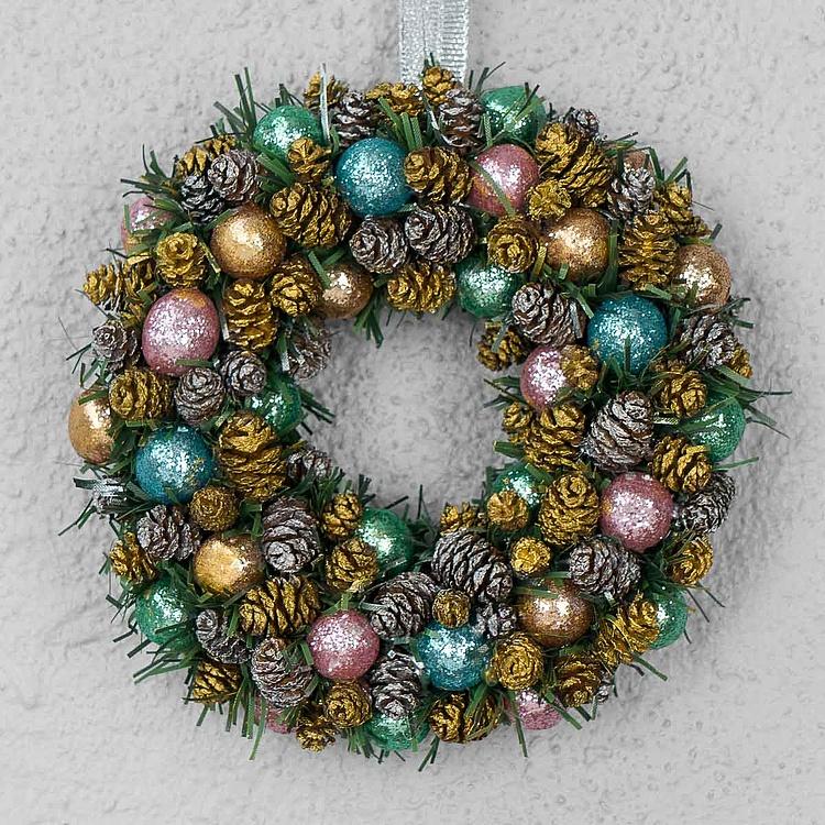 Новогодний венок с шишками и перламутровыми шарами 1, M Wreath Bagel 1 Medium