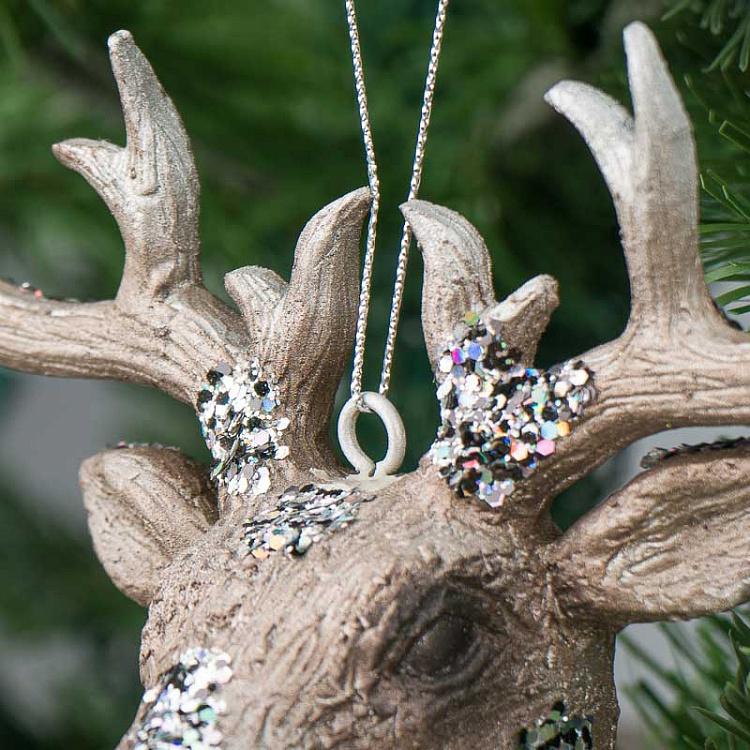 Ёлочная игрушка Голова оленя цвета шампань в блёстках Hanger Deer Head Champagne With Glitter 16 cm