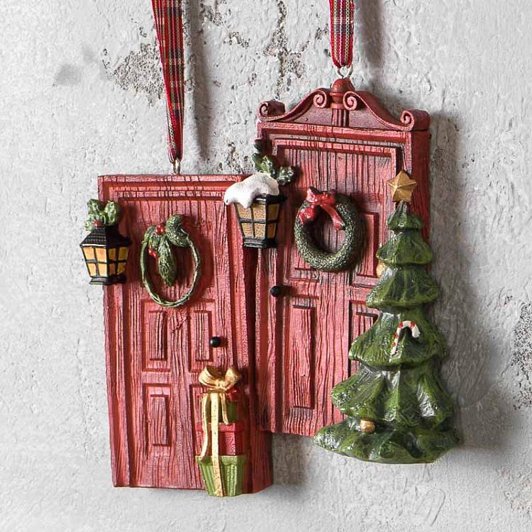 Набор из двух новогодних подвесок Рождественские двери Set Of 2 Xmas Decorated Doors 11 cm