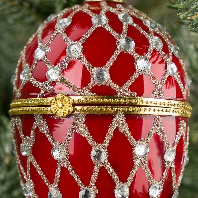 Ёлочная игрушка-шкатулка Красное яйцо с серебряным сеточным узором Xmas Egg Box Jewel Net Red Silver 9 cm