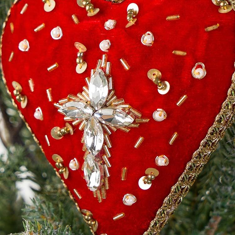 Ёлочная игрушка Красное бархатное сердце со стразами Rhinestone Pattern Velvet Heart Red 12 cm