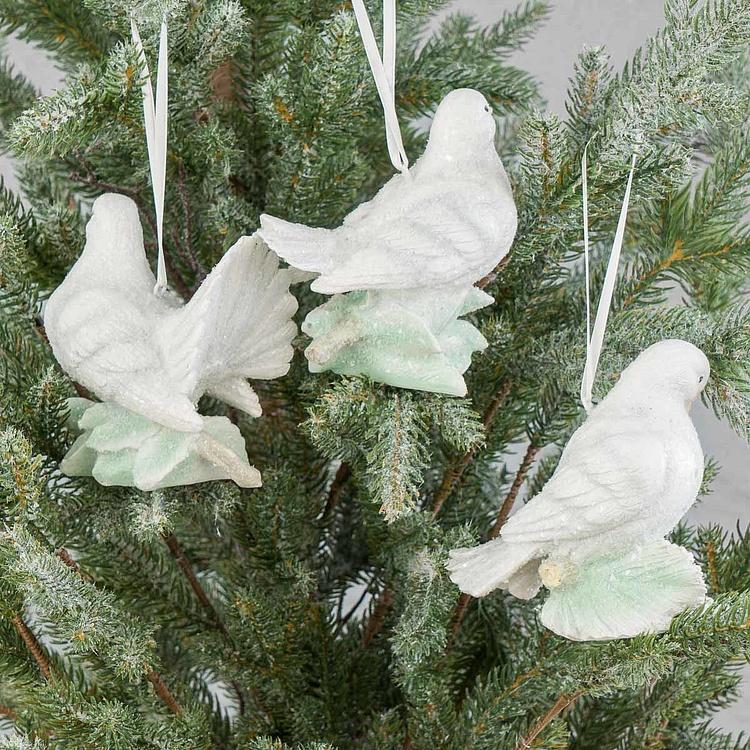 Набор из трёх ёлочных игрушек Белые голубки с розами Set Of 3 Ice Doves With Roses White 11,5 cm