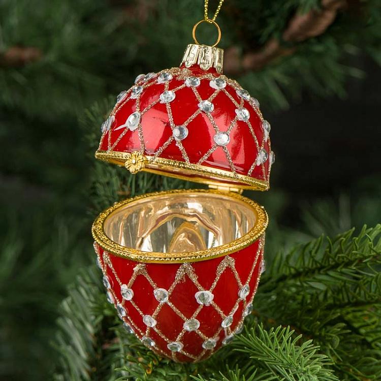 Ёлочная игрушка-шкатулка Красное яйцо с сеточным узором Xmas Egg Box Jewel Net Red 9 cm