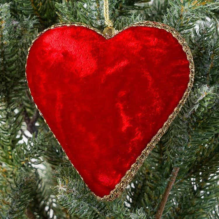 Ёлочная игрушка Красное бархатное сердце со стразами Rhinestone Pattern Velvet Heart Red 12 cm