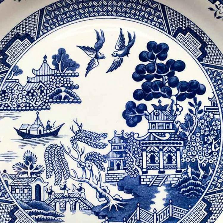 Винтажная тарелка белая с голубым мотивом 8, L Vintage Plate Blue White Large 8