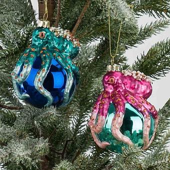 Set Of 2 Glass Octopus On Ball Blue Pink 10,5 cm