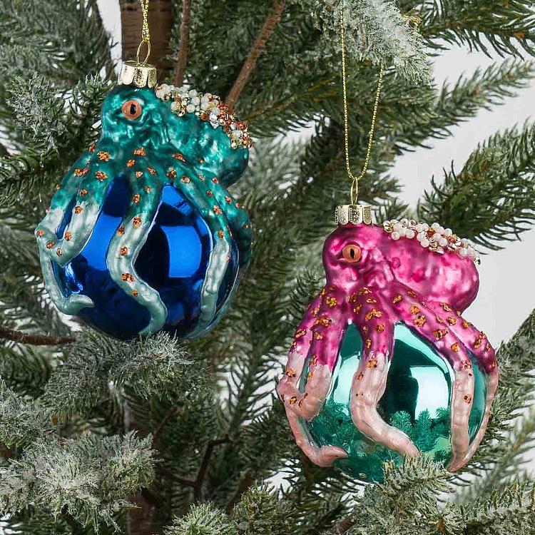 Набор из двух ёлочных игрушек Осьминоги на шарах Set Of 2 Glass Octopus On Ball Blue Pink 10,5 cm