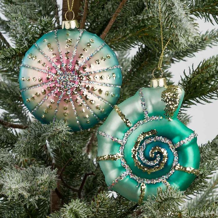 Набор из двух ёлочных игрушек Раковина и морской ёж Set Of 2 Glass Pearl Shells Urchin Blue Pink 10 cm