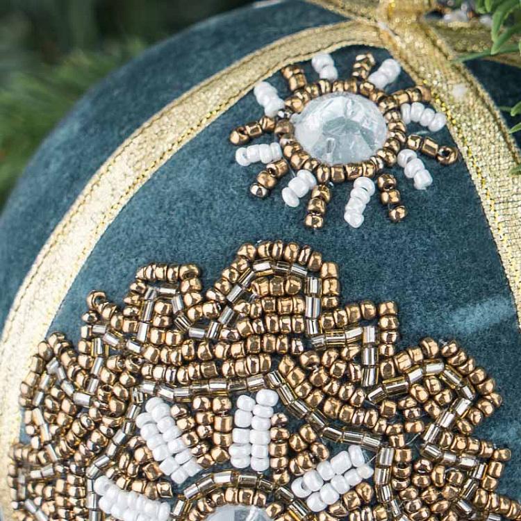 Ёлочная игрушка Синий шар с золотой вышивкой бисером Gold Beaded Ornament Ball Blue 10 cm