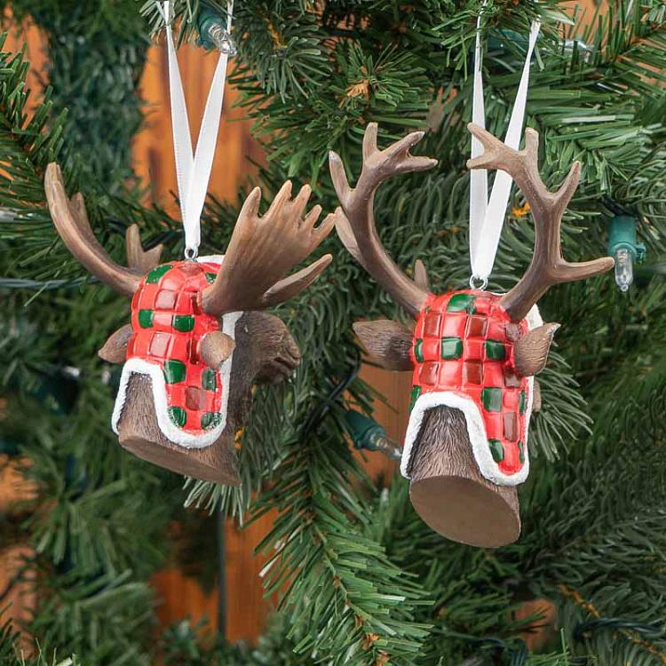 Набор из двух ёлочных игрушек Головы оленя и лося в шапках Set Of 2 Deer And Moose Heads With Hat Brown 13,5 cm