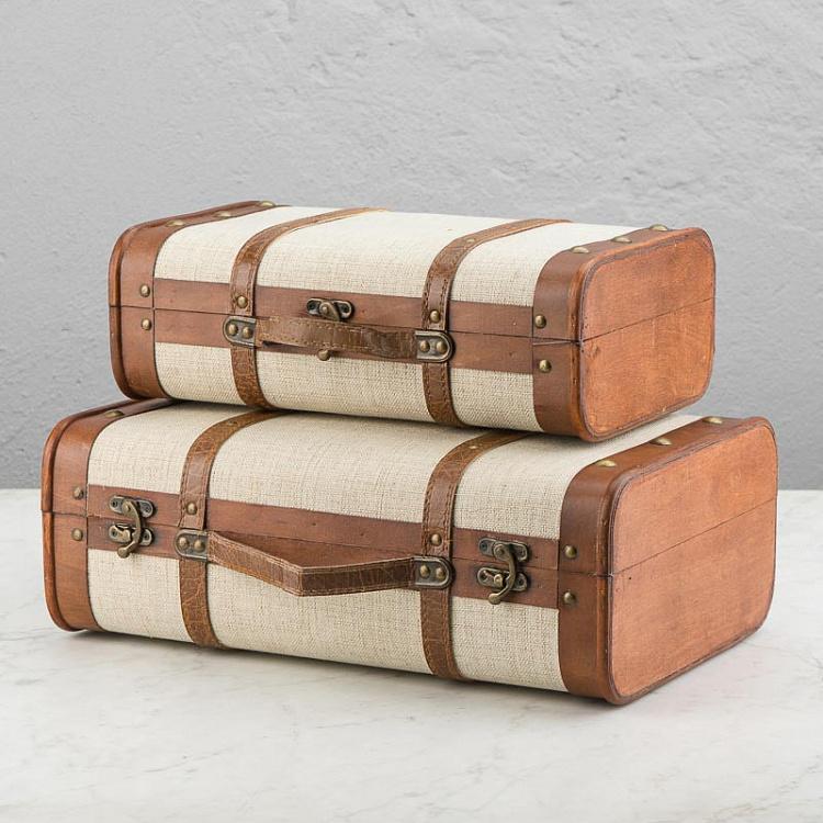 Набор из двух бежевых декоративных чемоданов Set Of 2 Wood Fabric Suitcase Boxes Cream