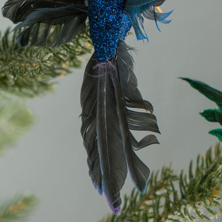 Набор из двух ёлочных игрушек на клипсе Колибри зелёная и синяя Set Of 2 Plume Fly Hummingbirds On Clip Green Blue 13 cm