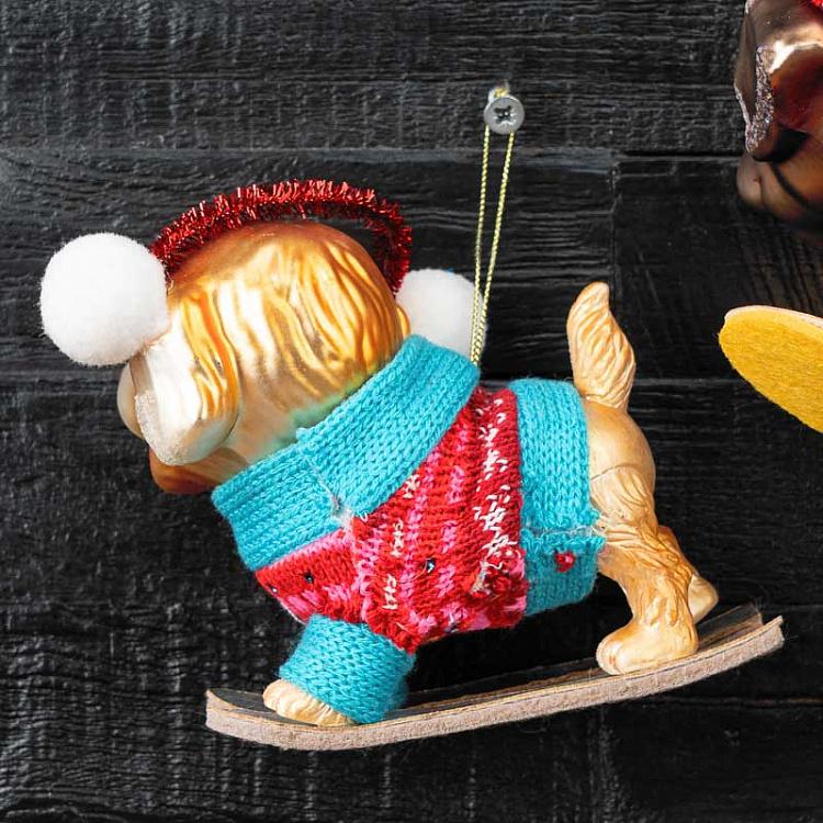 Набор из двух ёлочных игрушек Собачки на сноубордах дисконт1 Set Of 2 Glass Snowboard Dogs Brown/Red 15 cm discount1