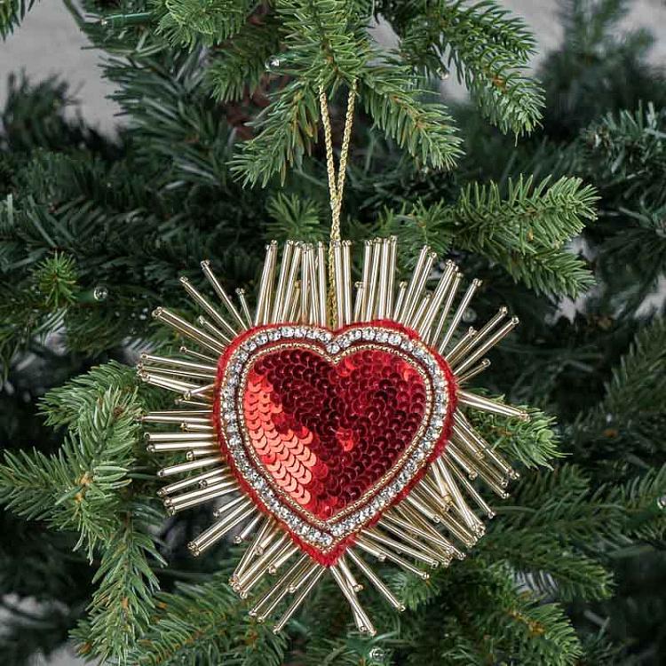 Ёлочная игрушка Красное сердце с блёстками Heart With Sequins Red 13 cm