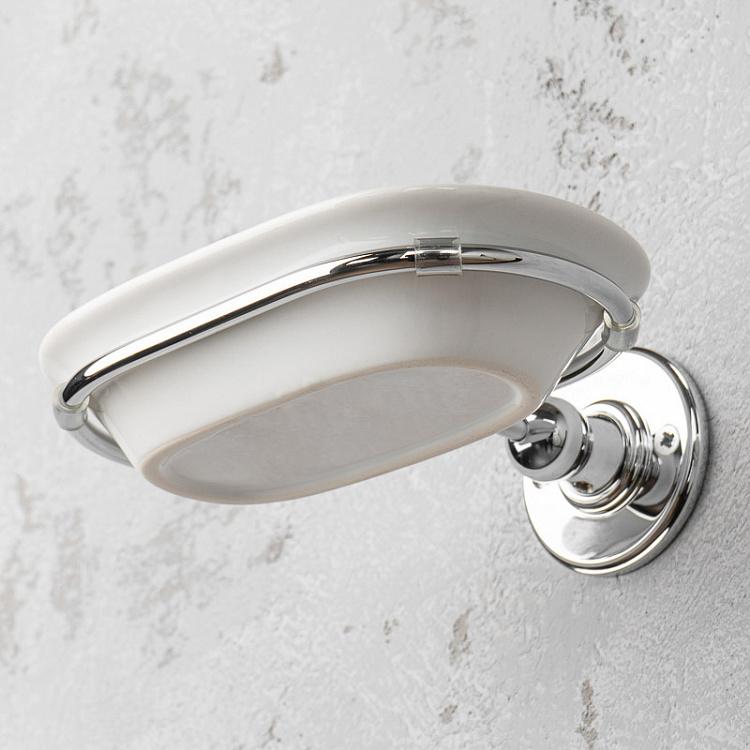 Настенная овальная белая мыльница в подставке цвета хром Soap Dish Chrome And White