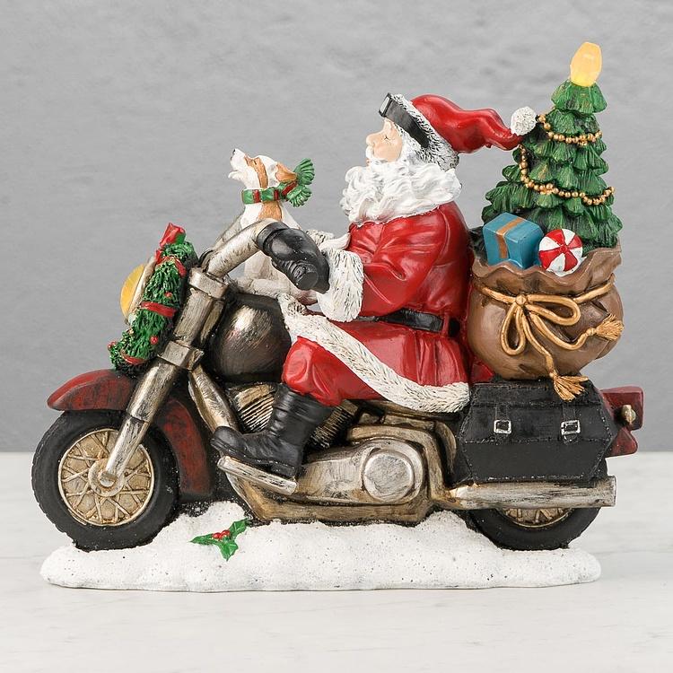 Новогодняя фигурка с подсветкой Санта на мотоцикле Led Santa With Motorbike Red 30 cm