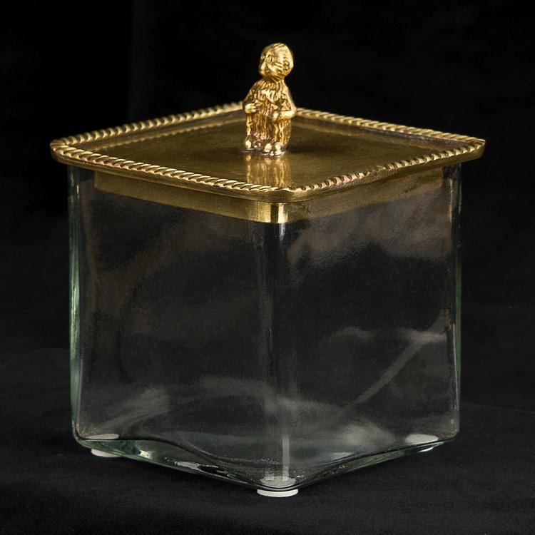 Ёмкость для хранения с латунной обезьянкой на крышке Square Glass Box With Brass Monkey Lid
