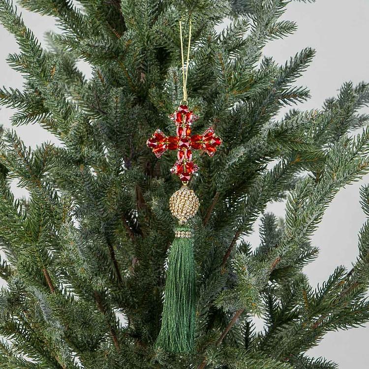 Новогодняя подвеска Рубиновый крест с зелёной кисточкой  Pendant Red Cross With Green Tassel 25 cm