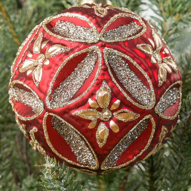 Ёлочная игрушка Красный многогранный шар с золотистыми цветами Golden Flowers Polyhedron Ball Red 10 cm