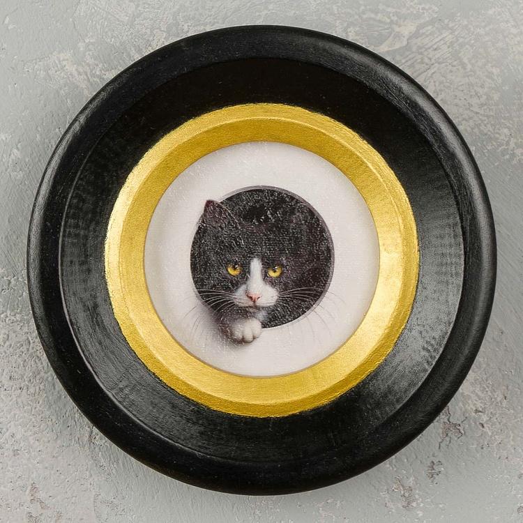 Картина в круглой раме Чёрно-белый кот Black And White Cat Painting In Round Frame