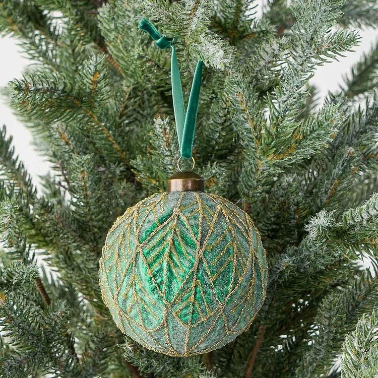 Ёлочная игрушка Зелёный шар с золотым лиственным узором Gold Pattern Ball Green 10 cm