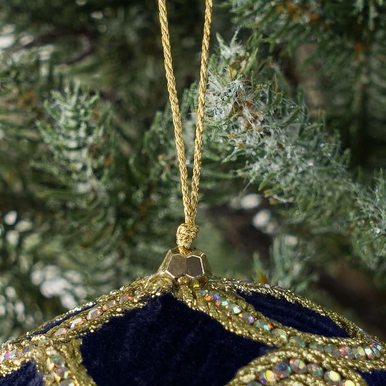 Ёлочная игрушка Тёмно-синий бархатный шар с золотистым орнаментом Gold Ornament Velvet Ball Dark Blue 12 cm