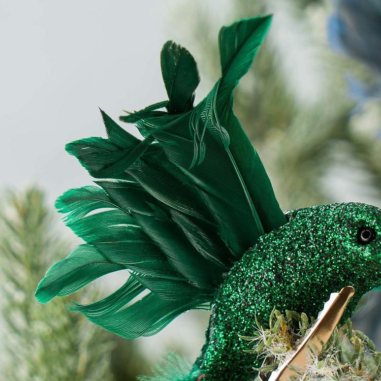 Набор из двух ёлочных игрушек на клипсе Колибри зелёная и синяя Set Of 2 Plume Fly Hummingbirds On Clip Green Blue 13 cm