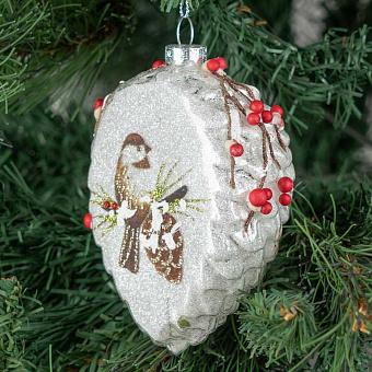 Glass Bird Scene Pinecone White 12 cm