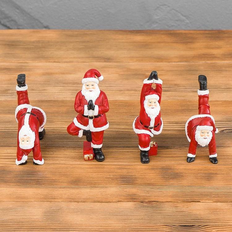 Набор из четырёх новогодних фигурок Санта в асанах йоги Set Of 4 Yoga Santas Red 12,5 cm