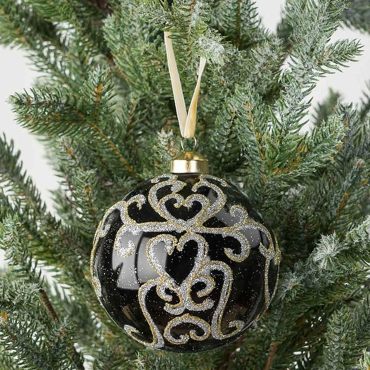 Ёлочная игрушка Чёрный шар с золотистым витиеватым узором Pattern Ball Black 10 cm