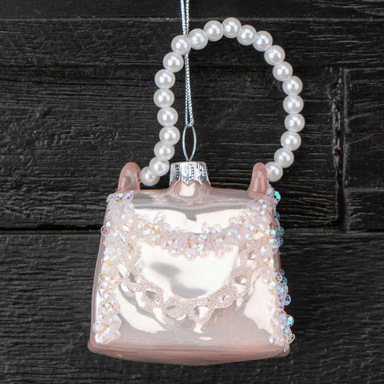 Ёлочная игрушка Сумочка с бусинами Glass Hanger Purse White With Beads 7 cm