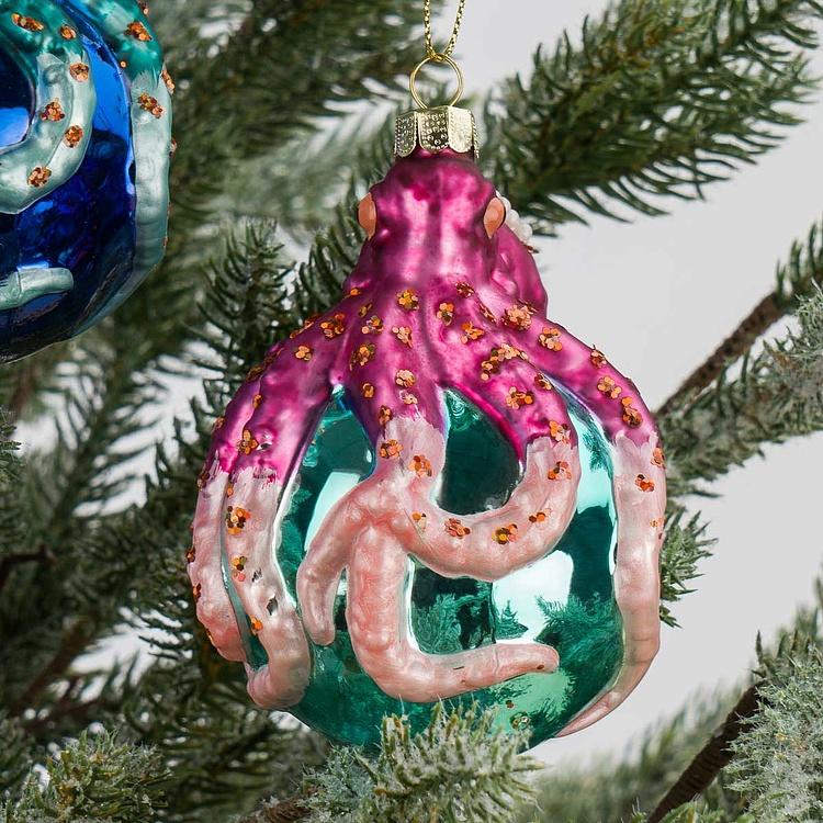 Набор из двух ёлочных игрушек Осьминоги на шарах Set Of 2 Glass Octopus On Ball Blue Pink 10,5 cm