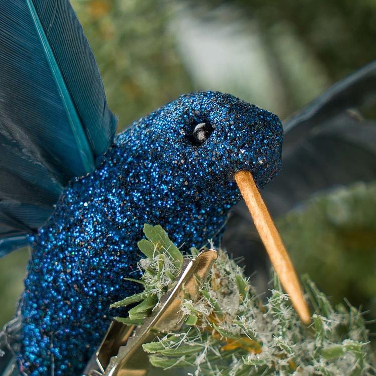 Набор из двух ёлочных игрушек на клипсе Колибри зелёная и синяя Set Of 2 Plume Fly Hummingbirds On Clip Green Blue 13 cm