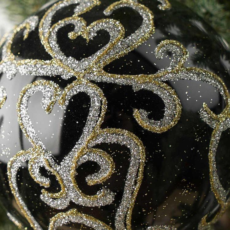 Ёлочная игрушка Чёрный шар с золотистым витиеватым узором Pattern Ball Black 10 cm