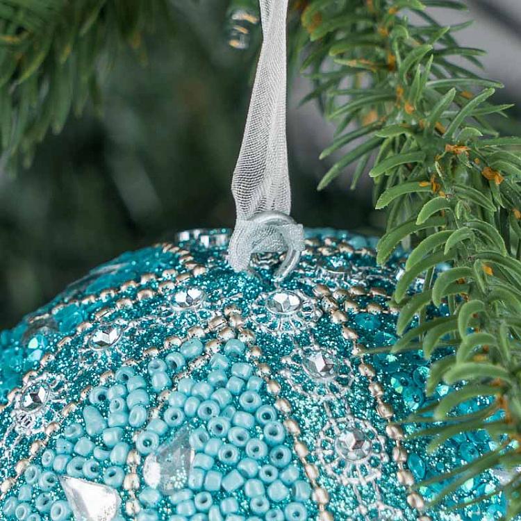 Ёлочная игрушка Голубой шар с орнаментом из бисера Bead Ornament Ball Blue 9 cm