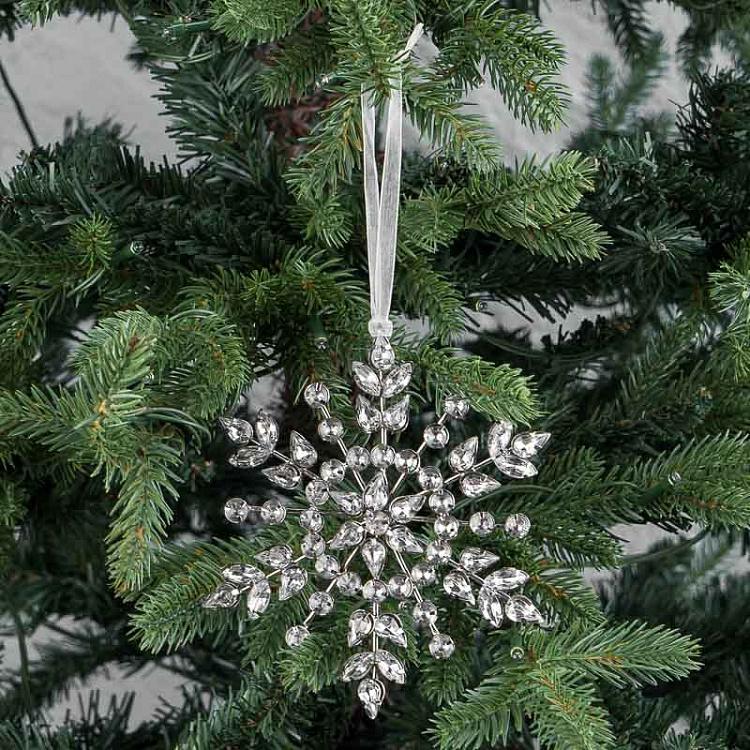 Ёлочная игрушка Серебристая снежинка с прозрачными бусинами, M Transparent Stones Snowflake Silver 14 cm