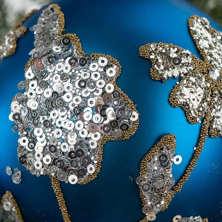Набор из двух синих ёлочных шаров с серебряными цветами Set Of 2 Glass Sequence Flower Ball Blue Silver 10 cm