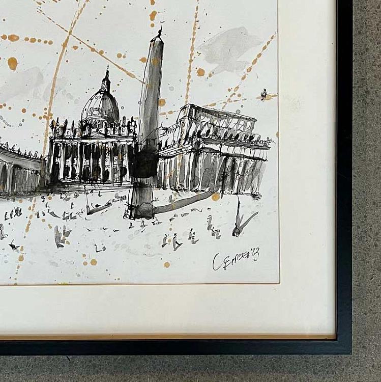Рисунок тушью с золотом Собор Святого Петра Basilica Di San Pietro Drawing With Gold