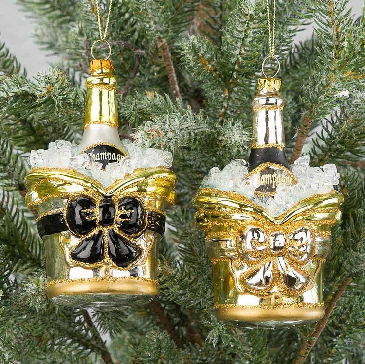 Набор из двух ёлочных игрушек Бутылки шампанского в вёдрах для льда Set Of 2 Glass Champagne Bottles In Buckets Gold 13 cm