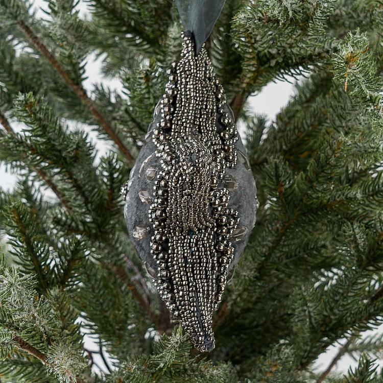 Ёлочная игрушка Серая бархатная звезда со стразами Beaded Hanger Star Grey Silver 20 cm